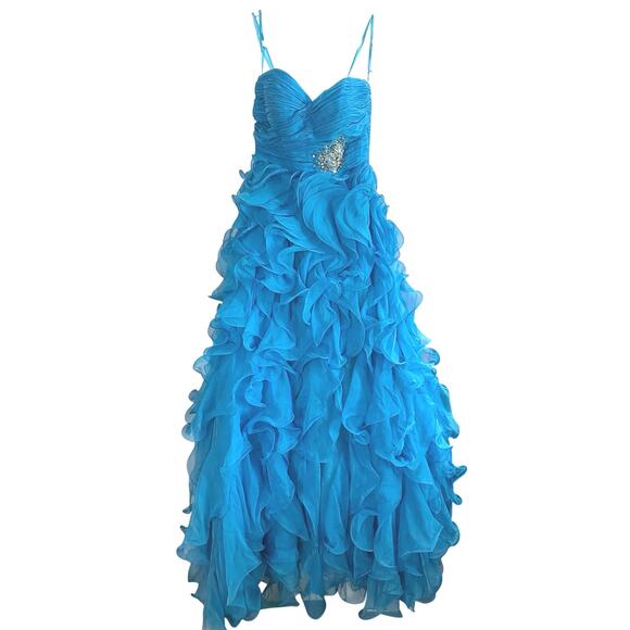 MAC DUGGAL Blue Ruffle Strapless Pleated Chiffon Gown Dress Rhinestones 6254H- 6 - Picture 2 of 6